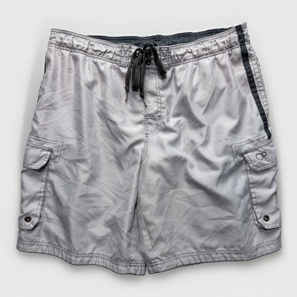 Op Ocean Pacific Mens Gray Cargo Board Shorts Y2k Swim Trunks XL Surf Beach